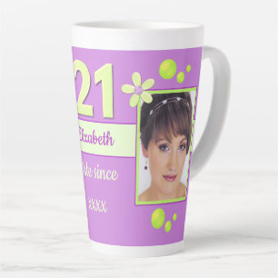 Purple and green with name 21st birthday photo latte mug
