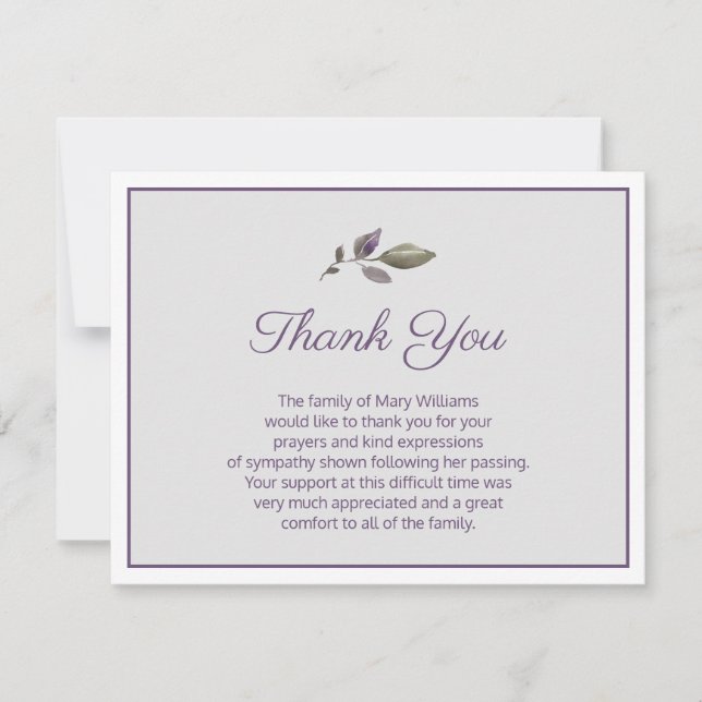 Purple and Greenery Funeral Thank You Note Card (Front)