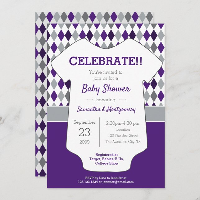 Purple and Grey Argyle Patterned Baby Shower Invitation (Front/Back)