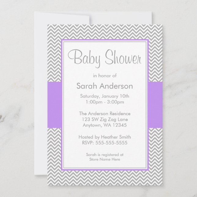 Purple and Grey Chevron Baby Shower Invitations (Front)