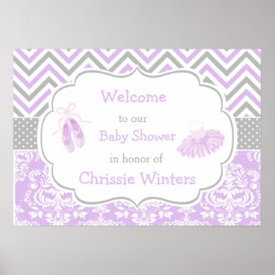 Purple and Grey Chevron Ballerina Baby Shower Poster