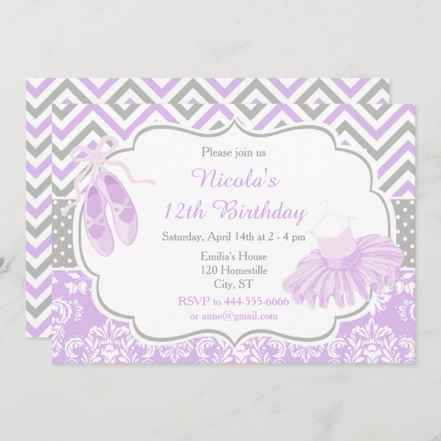 Purple and Grey Chevron Ballerina Birthday Invitation (Front/Back)