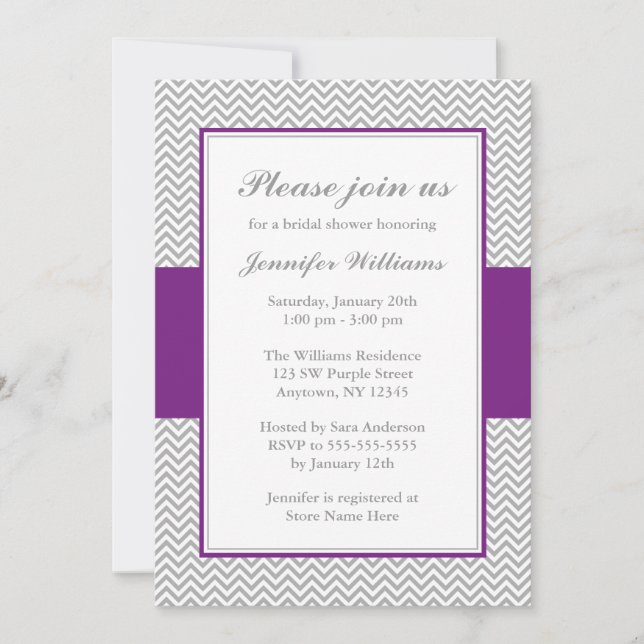 Purple and Grey Chevron Bridal Shower Invitation (Front)