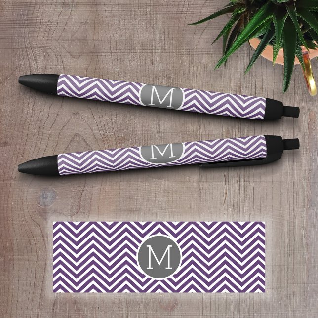 Purple and Grey Chevron Pattern with Monogram Black Ink Pen (Custom Pen - Personalize this writing pen with your name, monogram or other text)