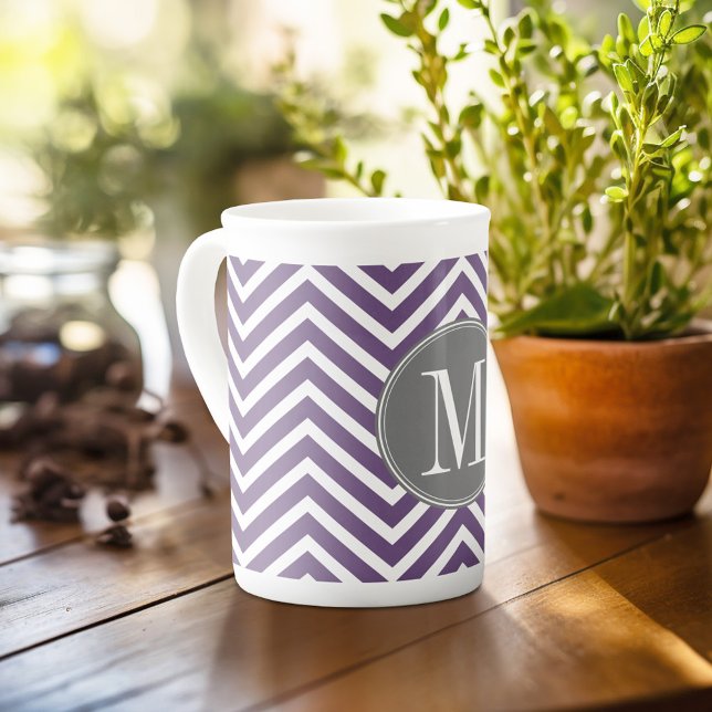 Purple and Grey Chevron Pattern with Monogram Bone China Mug (Personalized mug with photos and text, customize completely in the advanced design area)
