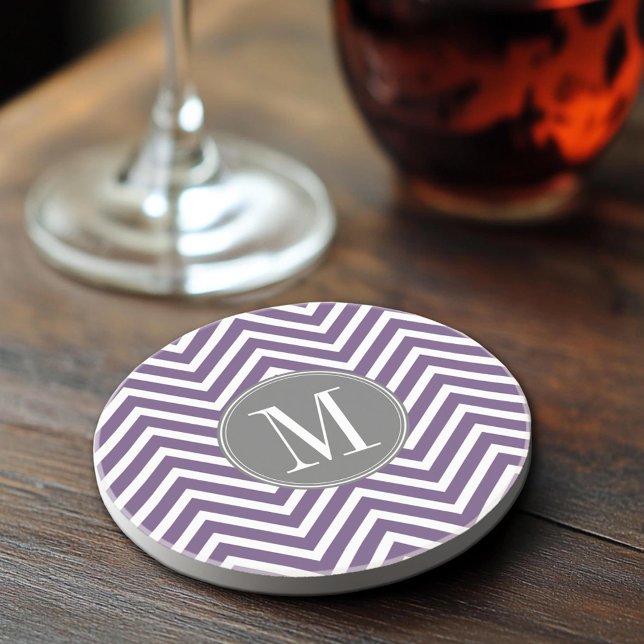 Purple and Grey Chevron Pattern with Monogram Coaster (Sandstone Coaster)