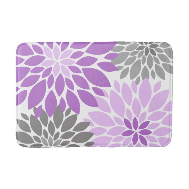 Purple and Grey Chrysanthemums Floral Pattern Bath Mat (Front)