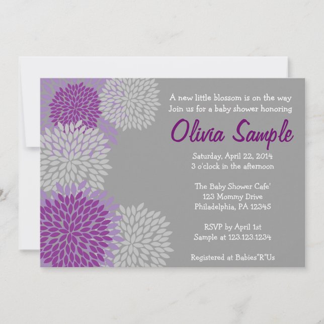 Purple and Grey Dahlia Baby Shower Invitation (Front)