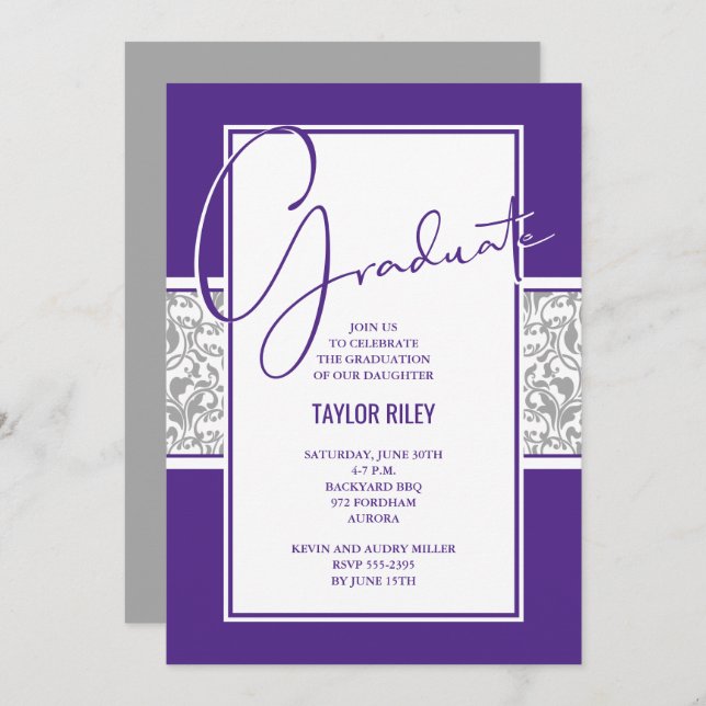 Purple and Grey Damask Graduation Invitation (Front/Back)