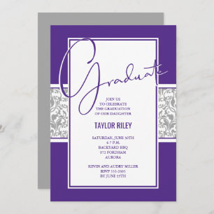 Purple and Grey Damask Graduation Invitation