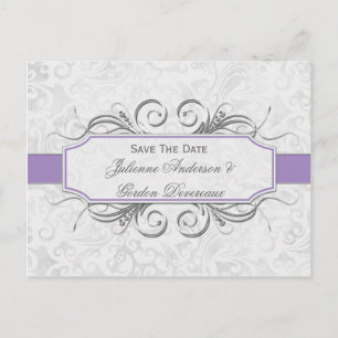 Purple and Grey Damask Save The Date Announcement Postcard