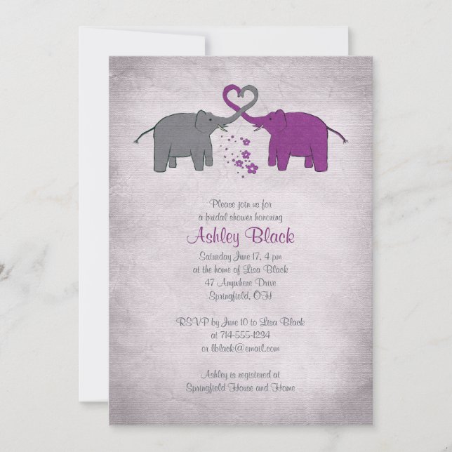 Purple and Grey Elephant Bridal Shower Invitation (Front)