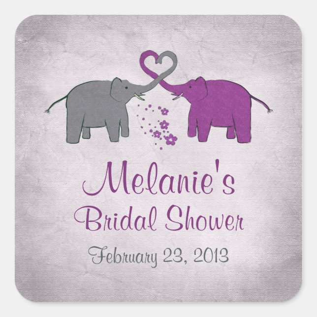 Purple and Grey Elephant Bridal Shower Square Sticker (Front)