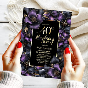 Purple and Grey Floral 40th Birthday Party Invitation