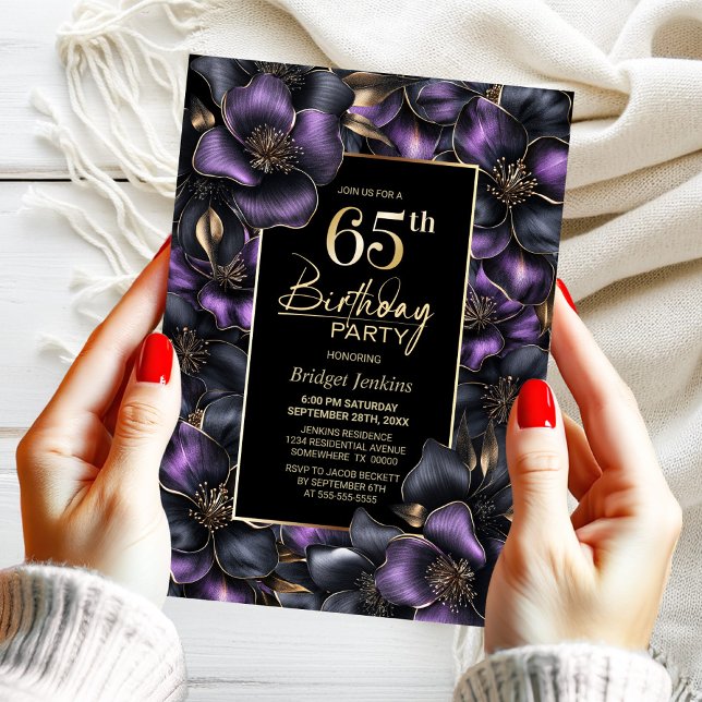 Purple and Grey Floral 65th Birthday Party Invitation (Creator Uploaded)