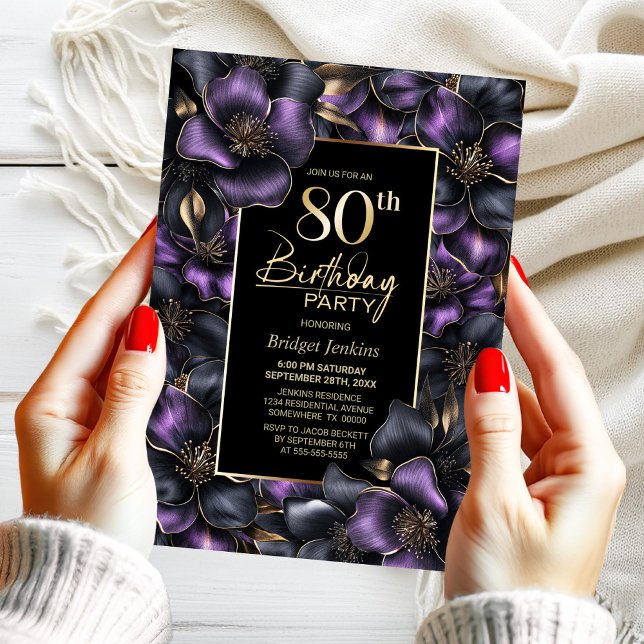 Purple and Grey Floral 80th Birthday Party Invitation (Creator Uploaded)