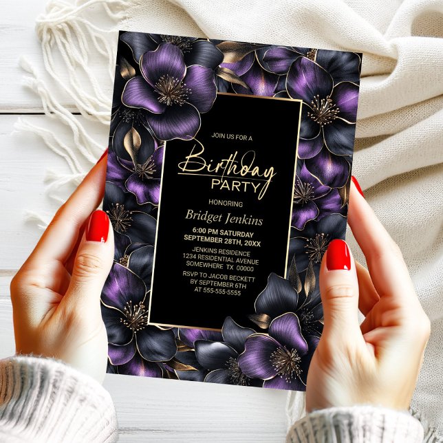 Purple and Grey Floral Any Age Birthday Party Invitation (Creator Uploaded)