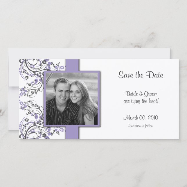 Purple and Grey Floral Save the Date Photo Cards (Front)