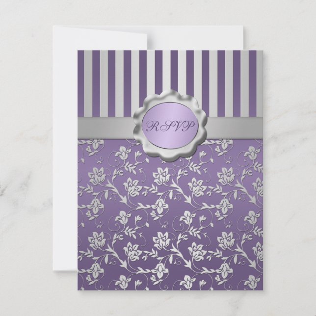 Purple and Grey Floral Striped RSVP Card (Front)