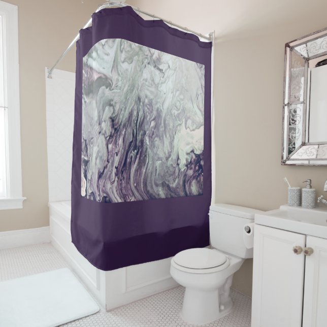 Purple and Grey Fluid Swirl Painting Shower Curtain (In Situ)