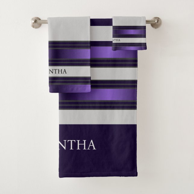 Purple And Grey Geometric Stripes Name Bath Towel Set (Insitu)