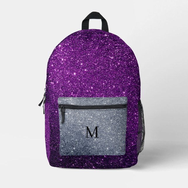 Purple And Grey Glitter Printed Backpack (Front)