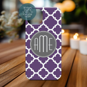 Purple and Grey Quatrefoil Pattern Monogram iPhone 15 Case