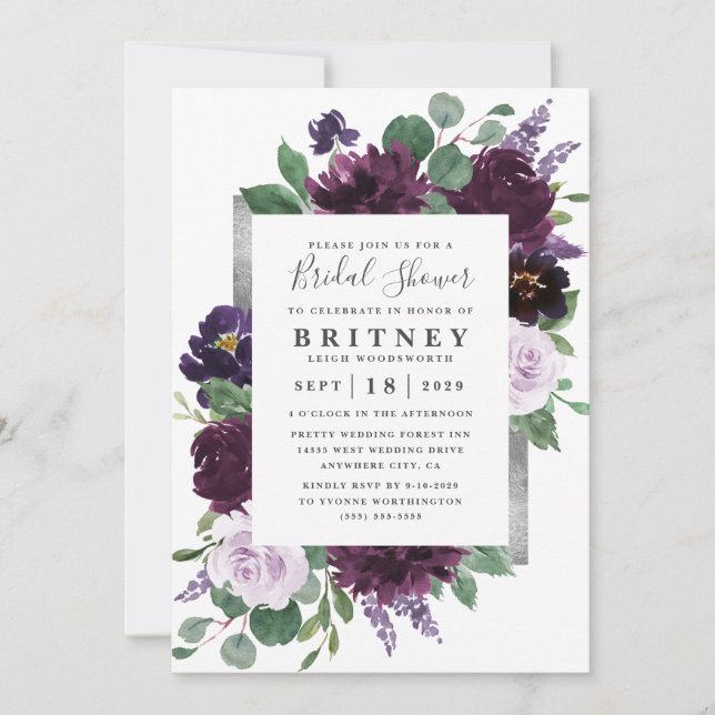 Purple and Grey Silver Watercolor Bridal Shower Invitation (Front)
