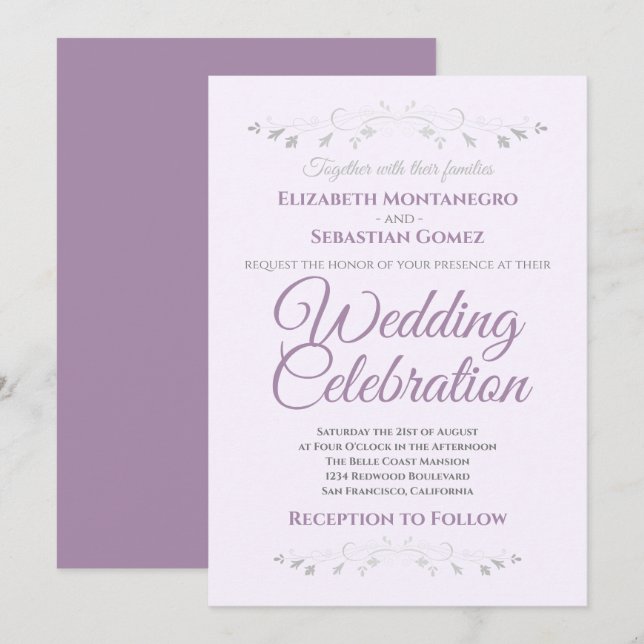 Purple and Grey Simple Elegant Wedding Invitation (Front/Back)