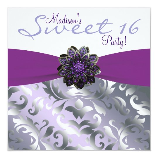 Purple and Grey Sweet 16 Birthday Party Card
