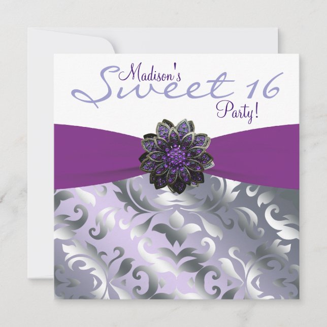 Purple and Grey Sweet 16 Birthday Party Invitation (Front)
