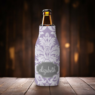 Purple and Grey Vintage Damask Pattern Monogram Bottle Cooler
