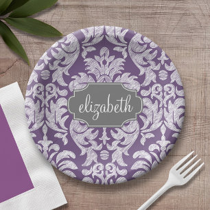 Purple and Grey Vintage Damask Pattern Monogram Paper Plate