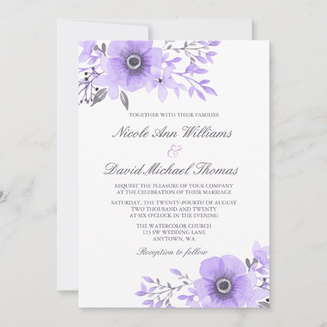 Purple and Grey Watercolor Anemone Wedding Invitation (Front)