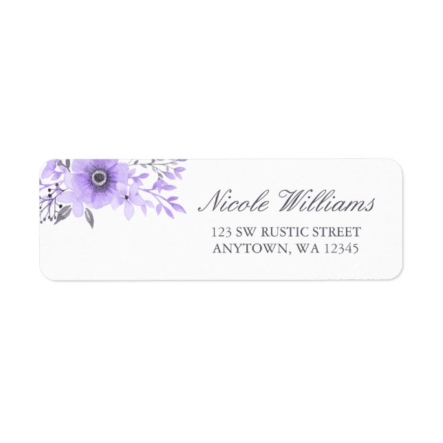 Purple and Grey Watercolor Floral Address Label (Front)