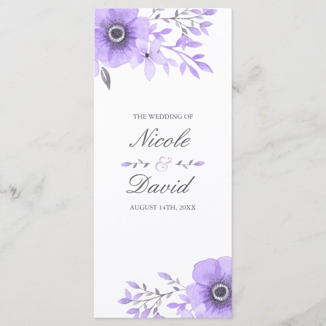 Purple and Grey Watercolor Floral Wedding Program Programme (Front)