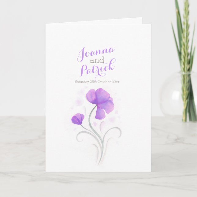 Purple and grey watercolor flower wedding program programme (Front)