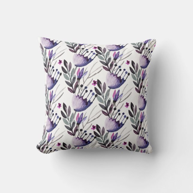Purple and Grey Watercolor Flowers Pattern Cushion (Front)