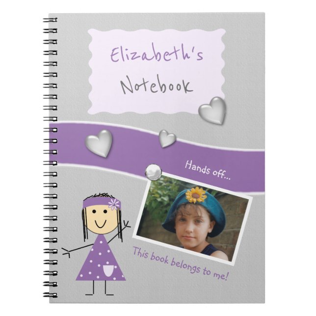 Purple and grey with hearts a name and photo notebook (Front)
