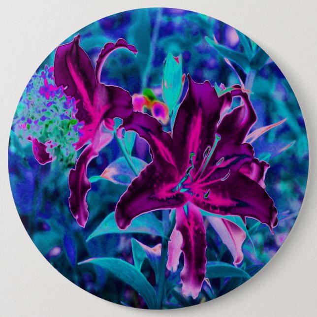 Purple and Hot Pink Abstract Oriental Lily Flowers 6 Cm Round Badge (Front)