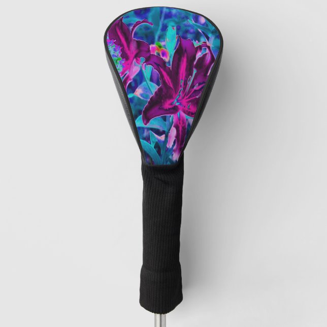 Purple and Hot Pink Abstract Oriental Lily Flowers Golf Head Cover (Front)