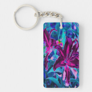 Purple and Hot Pink Abstract Oriental Lily Flowers Key Ring