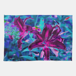 Purple and Hot Pink Abstract Oriental Lily Flowers Tea Towel