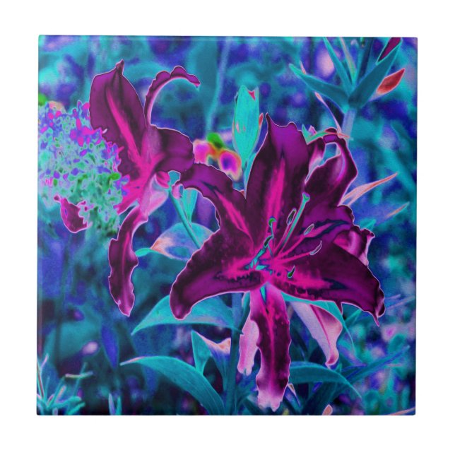 Purple and Hot Pink Abstract Oriental Lily Flowers Tile (Front)