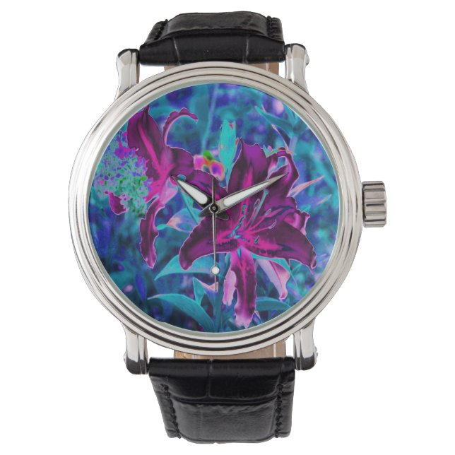 Purple and Hot Pink Abstract Oriental Lily Flowers Watch (Front)