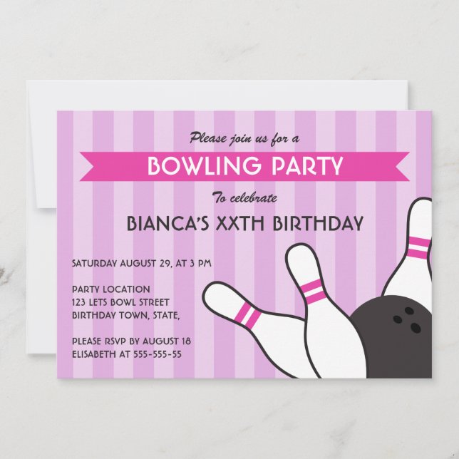 Purple and hot pink modern bowling birthday party invitation (Front)