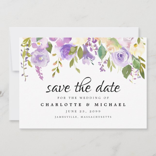 Purple and Ivory Floral Save the Date Card (Front)