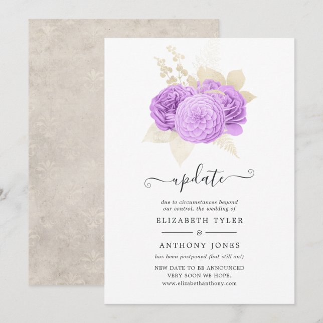 Purple and Ivory Floral Wedding Update Invitation (Front/Back)
