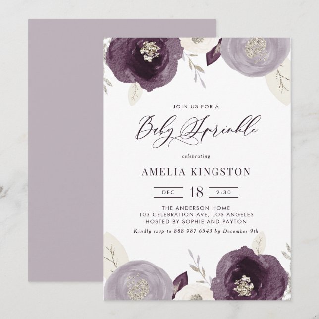 Purple and Ivory Flowers Silver Baby Sprinkle Invitation (Front/Back)