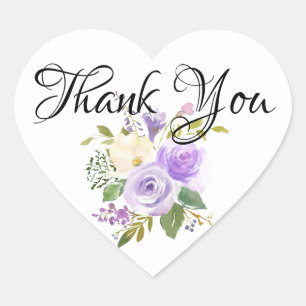 Purple and Ivory White  Floral Thank You Heart Sticker